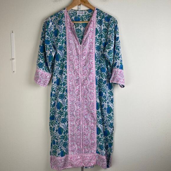 SZ Blockprints Kurta Tunic Size S Pink Blue Green Swim Cover Up Cotton Casual - Picture 6 of 14